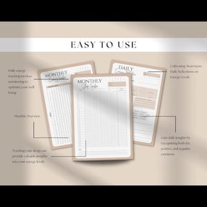 May include: Three beige sleep tracker journals with the text "EASY TO USE" at the top. The journals include "MONTHLY" and "DAILY" trackers. The image includes text about tracking sleep and energy levels.