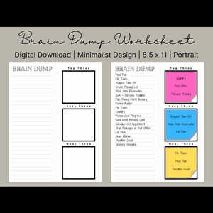 Könnte beinhalten: Digitaler Download eines minimalistischen Brain Dump Arbeitsblatts, 21,6 x 27,9 cm im Hochformat. Das Arbeitsblatt enthält Abschnitte für einen Brain Dump, die drei wichtigsten Aufgaben, die drei einfachen Aufgaben und die nächsten drei Aufgaben.