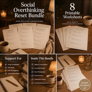 Social Overthinking Reset Bundle | Conversation Replay, Social Anxiety & Post Interaction Overthinking Worksheets | Printable PDF