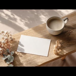 Könnte beinhalten: Eine beigefarbene Keramiktasse mit Henkel steht auf einer Holzoberfläche neben einer leeren weißen Karte. Getrocknete Blumen und Blätter sorgen für eine natürliche Ästhetik. Die Szene wird von weichem Licht durchflutet.