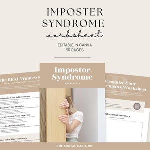 Könnte beinhalten: Ein beigefarbenes und weißes Arbeitsblatt mit dem Titel "Imposter Syndrome" mit dem Text "Editable in Canva, 30 Seiten". Das Bild zeigt eine Frau, die teilweise von einer Holztür verdeckt wird, sowie weitere Arbeitsblätter.