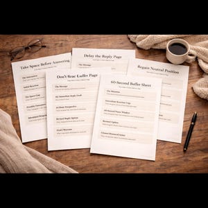 May include: A collection of printed worksheets with titles like "Take Space Before Answering" and "Delay the Reply Page" are arranged on a wooden surface. A pen, a cup of coffee, and eyeglasses are also present.