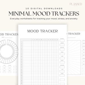 Könnte beinhalten: Digitaler Download von minimalen Stimmungstrackern. Das Bild zeigt drei verschiedene Arbeitsblätter zur Verfolgung von Stimmung, Stress und Angst. Der Text auf dem Bild lautet "10 digitale Downloads" und "Minimal Mood Trackers".