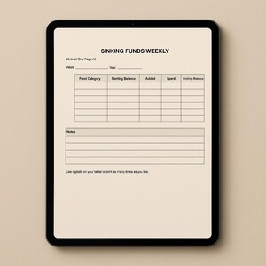 Könnte beinhalten: Ein digitaler Tablet-PC mit einer Vorlage für "Sinking Funds Weekly". Die Vorlage enthält Abschnitte für Fondskategorie, Anfangsbestand, Hinzugefügt, Ausgegeben, Endsaldo und Notizen. Der Text "Use digitally on your tablet or print as many times as you like" steht unten.