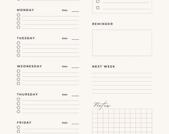 Könnte beinhalten: Ein minimalistischer Wochenplaner mit Abschnitten für jeden Wochentag, Prioritäten, Erinnerungen und Notizen. Der Planer hat ein klares, schlichtes Design mit cremefarbenem Hintergrund und schwarzem Text.