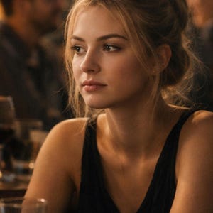Op de afbeelding: Een vrouw met blond haar in een knot, gekleed in een zwarte mouwloze top, zit aan een tafel. De achtergrond is wazig, wat wijst op een restaurant of sociale setting. De verlichting is warm en gedimd.
