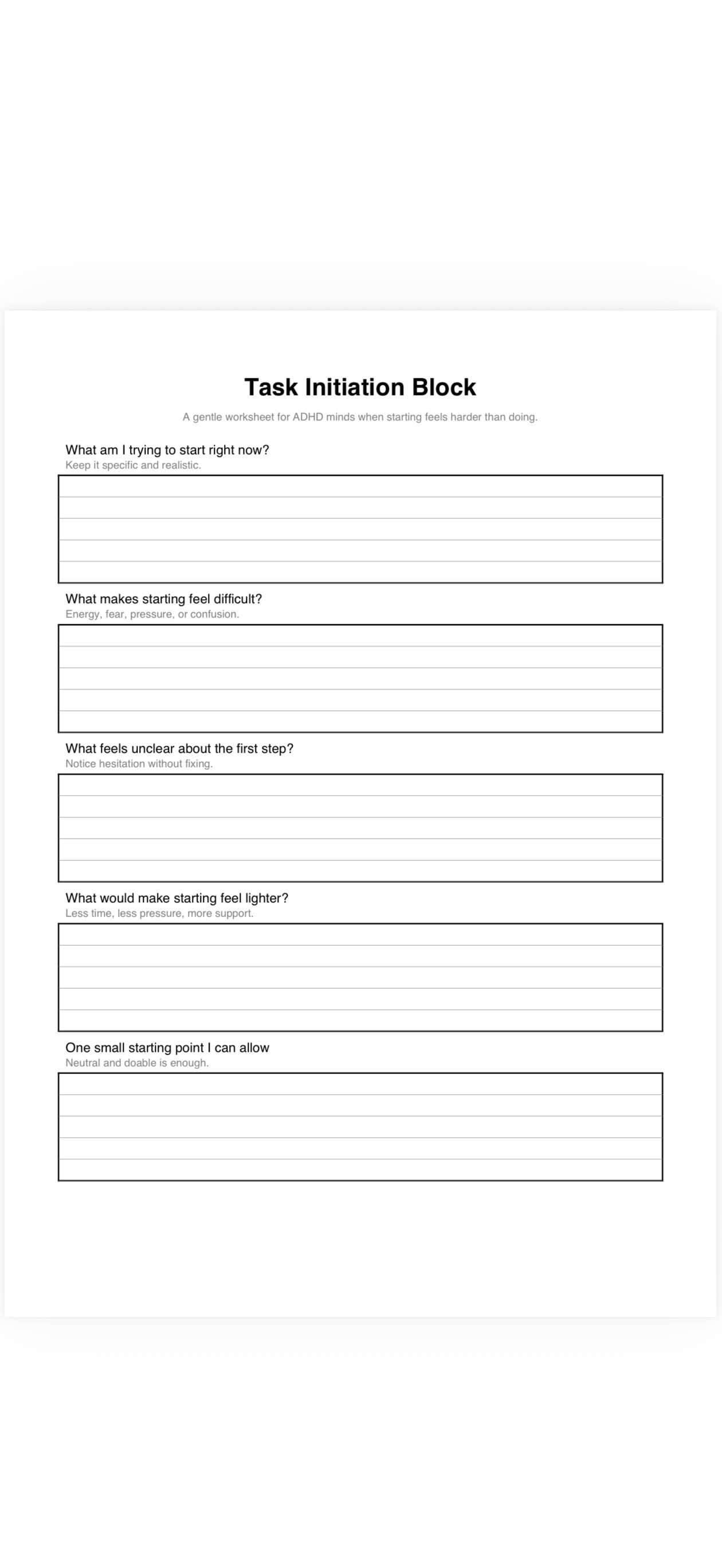 Task Initiation Block Worksheet for ADHD Minds | Start Tasks Without ...