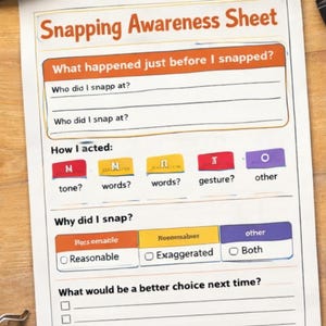 Könnte beinhalten: Ein Arbeitsblatt mit dem Titel "Snapping Awareness Sheet" aus der "Frustration Regulation Series". Das Blatt enthält Aufforderungen zur Identifizierung von Auslösern und Reaktionen, mit Abschnitten für Ton, Worte und Gesten. Der Text "Slow Reactions Down" ist ebenfalls sichtbar.