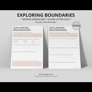 May include: Two printable worksheets titled "Exploring Boundaries" with fillable sections. The worksheets are designed for self-reflection and include prompts about setting boundaries. The text includes "Instant Download" and "A4 and Letter Sizes."