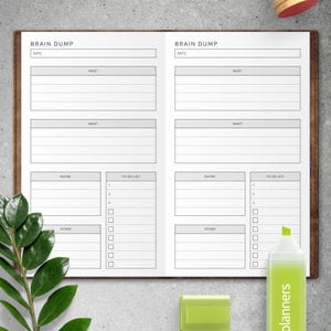 Könnte beinhalten: Ein Planer mit braunem Einband, mit Abschnitten für ein Brain Dump, To-Do-Listen und Notizen. Ein grüner Textmarker und eine Holzschachfigur sind ebenfalls sichtbar. Der Planer hat ein einfaches, übersichtliches Layout.