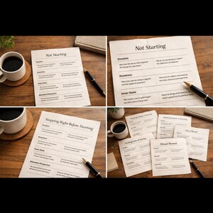 Könnte beinhalten: Eine Anordnung von weißen Papieren mit schwarzem Text, Stiften und Kaffeetassen auf einer Holzoberfläche. Die Papiere tragen Titel wie "Not Starting" und "Stopping Right Before Starting". Die Szene ist gut beleuchtet und organisiert, was auf eine Arbeitsumgebung hindeutet.