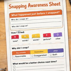 Könnte beinhalten: Ein Arbeitsblatt mit dem Titel "Snapping Awareness Sheet" aus der "Frustration Regulation Series". Das Blatt enthält Aufforderungen zur Identifizierung von Auslösern und Reaktionen, mit Abschnitten für Ton, Worte und Gesten. Der Text "Slow Reactions Down" ist ebenfalls sichtbar.