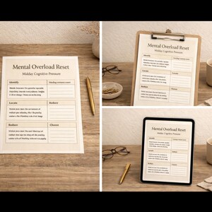Könnte beinhalten: Drei Bilder mit einem Arbeitsblatt "Mental Overload Reset". Das Arbeitsblatt wird auf einem Klemmbrett, einer ebenen Fläche und einem Tablet angezeigt. Jedes hat den Titel und Aufforderungen zum Identifizieren, Lokalisieren, Reduzieren und Auswählen, um den kognitiven Mittagsdruck zu bewältigen.