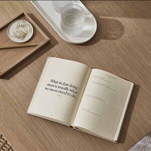 Könnte beinhalten: Ein offenes Notizbuch mit dem Text "Was wir am meisten fürchten, ist in der Regel das, was wir am meisten tun müssen." liegt auf einer Holzoberfläche. Ein Tablett mit einem Glas und ein kleines Tablett mit Schreibwaren sind ebenfalls zu sehen.