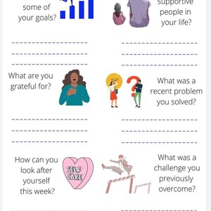 Può includere: Un foglio di lavoro bianco intitolato "Resilience Worksheet" con domande su obiettivi, gratitudine e cura di sé. Le illustrazioni includono una persona che sale le scale, una famiglia e un grafico a forma di cuore.