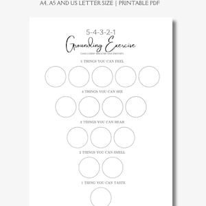 Könnte beinhalten: Ein weißes, druckbares PDF mit dem Titel "5 4 3 2 1 Erdungsübung". Die Übung fordert die Benutzer auf, 5 Dinge zu identifizieren, die sie fühlen können, 4 Dinge, die sie sehen können, 3 Dinge, die sie hören können, 2 Dinge, die sie riechen können und 1 Ding, das sie schmecken können.