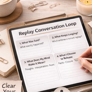 Könnte beinhalten: Ein digitaler Download mit dem Titel "Replay Conversation Loop" auf einem Klemmbrett, mit Aufforderungen zur Selbstreflexion. Das Bild enthält eine Tasse Kaffee, eine Kerze und Schreibwaren. Der Text enthält "Clear Your Mind" und "One Page."