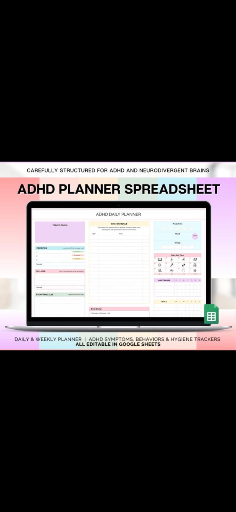 Pu&ograve; includere: Un foglio di calcolo digitale per la pianificazione dell'ADHD su uno schermo di un laptop. Lo schermo mostra un layout di pianificazione giornaliera con sezioni per priorit&agrave;, programma e monitoraggio dell'autocura. Il testo include "ADHD Planner Spreadsheet".