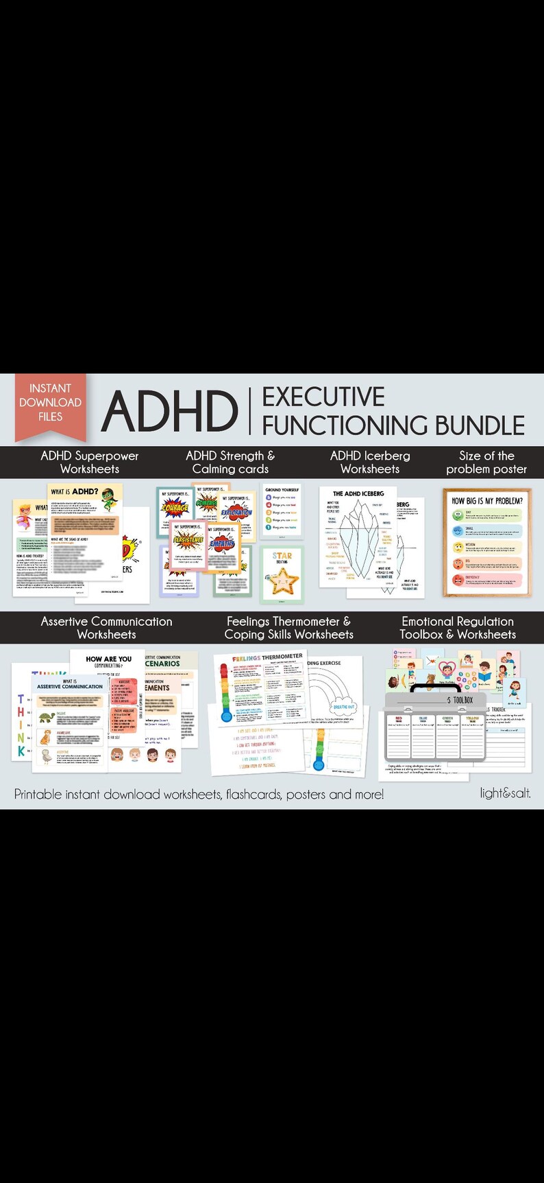 Op de afbeelding: Een ADHD Executive Functioning Bundle met direct downloadbare bestanden. Bevat werkbladen, flashcards en posters. Onderwerpen zijn ADHD Superpower, Strength & Calming, Icerberg en Emotional Regulation. De afbeelding bevat ook een Gevoelsthermometer.