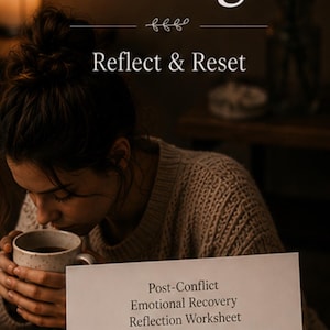 May include: Image of a worksheet titled "Post-Conflict Emotional Recovery Reflection Worksheet." The worksheet includes questions about conflict reflection, emotional and physical impact, underlying needs awareness, and recovery. The image also includes the text "After The Anger? Reflect & Reset."