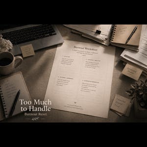 Könnte beinhalten: Ein Arbeitsplatz mit Laptop, Kaffeetasse und einem "Burnout Worksheet". Das Arbeitsblatt ist von Notizblöcken, Haftnotizen und einem Stift umgeben. Der Text "Too Much to Handle" und "Burnout Reset" sind sichtbar.