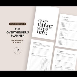 Puede incluir: Un planificador con el texto "The Overthinker's Planner" y la frase "Overthinking stops here." El planificador incluye 7 paneles e insertos. El diseño es minimalista con texto negro sobre páginas blancas.