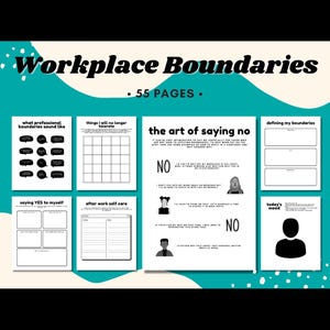 Könnte beinhalten: Ein digitaler Planer in Türkis mit dem Titel "Workplace Boundaries" und dem Text "55 PAGES". Der Planer enthält Abschnitte zu beruflichen Grenzen, Nein-Sagen und Selbstfürsorge. Die Seiten zeigen schwarzen Text und Illustrationen.