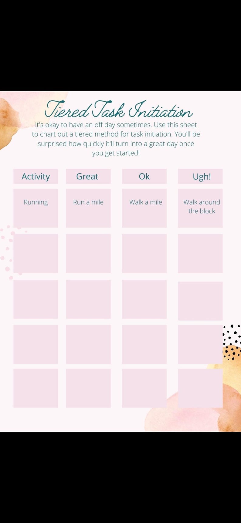 Pu&ograve; includere: Un grafico rosa e bianco intitolato "Tiered Task Initiation" con una griglia per il monitoraggio delle attivit&agrave;. Il grafico include il testo "Activity", "Great", "Ok" e "Ugh!" con esempi come "Running" e "Run a mile".