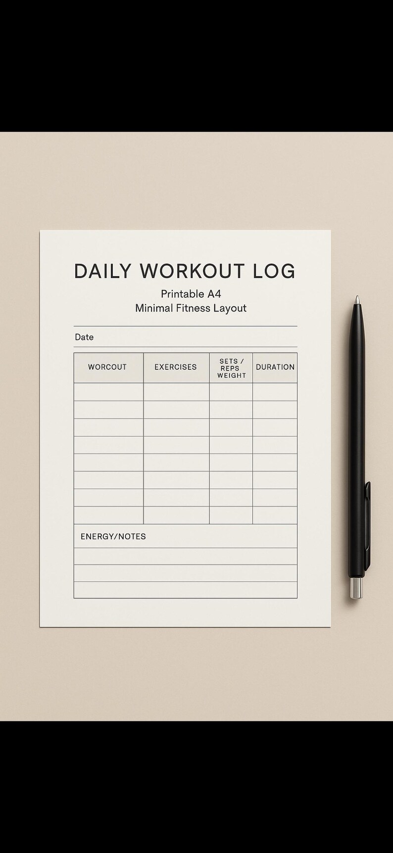 Daily Workout Log Printable A4 – Minimalist Fitness Tracker for Gym and ...