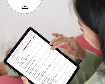 Peut inclure: Publicité pour un produit de téléchargement numérique avec une tablette affichant un modèle de « Réflexion du soir ». La tablette est tenue par une personne. L'image comprend un graphique « Téléchargement numérique » avec une flèche vers le bas.