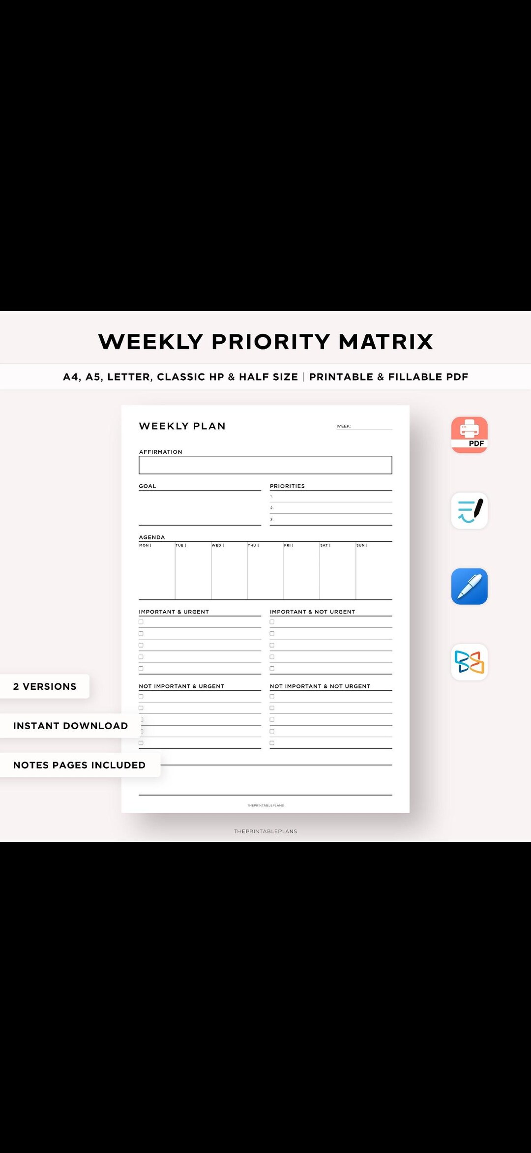 Monthly Priority Matrix Planner Printable Minimal Eisenhower Matrix ...