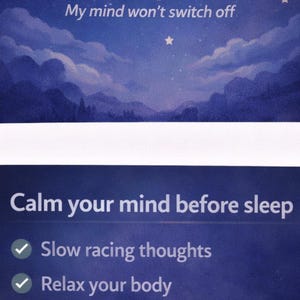 May include: A blue graphic with the text "Why Can't I Sleep When I Feel Anxious" and "My mind won't switch off." Below, it reads "Calm your mind before sleep" with bullet points: "Slow racing thoughts," "Relax your body," and "Fall asleep easier."