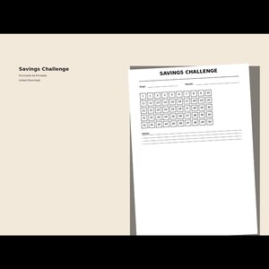 Könnte beinhalten: Ein weißes „Savings Challenge“-Druckblatt mit einem Raster von 50 Kästchen, nummeriert von 1-50, zum Verfolgen von Ersparnissen. Der Titel „SAVINGS CHALLENGE“ steht oben. Das Dokument befindet sich auf einem hellbraunen Hintergrund.
