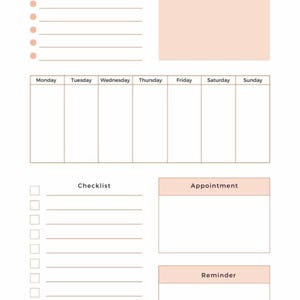 May include: A weekly planner with a minimalist design. The top section includes space for weekly priorities and notes. The planner features a day-by-day schedule, a checklist, and sections for appointments and reminders. The text "WEEKLY PLANNER" is at the top.