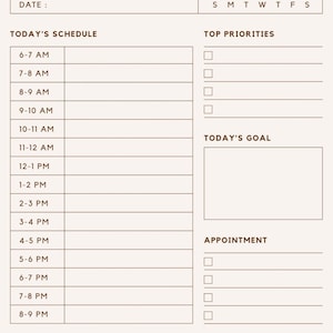May include: A beige daily planner with the text "DAILY PLANNER" at the top. The planner includes sections for the date, schedule, top priorities, today's goal, and appointments. It has a minimalist design.