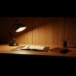 May include: A desk lamp illuminates a wooden desk with a notebook, pen, and a closed journal. A pencil holder with pencils is on the right. The desk is set against a wooden panel wall. The scene is bathed in warm light.