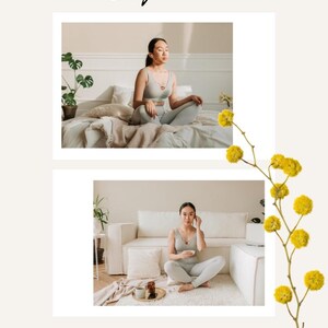 Könnte beinhalten: Das Bild zeigt die Texte "Self-care" und "my priority!". Es enthält zwei Fotos einer Person in hellgrauer Sportkleidung. Die Person sitzt in meditativer Pose auf einem Bett und auf einem Teppich. Gelbe Blumen sind im Hintergrund.