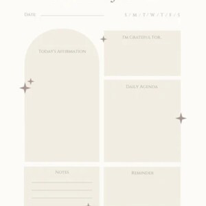 Könnte beinhalten: Ein beiges Dankbarkeitstagebuch mit Abschnitten für tägliche Affirmationen, Dankbarkeit, Agenda, Notizen und Erinnerungen. Der Titel "Gratitude Journal" steht oben. Das Design umfasst Sternakzente und eine neutrale Farbpalette.