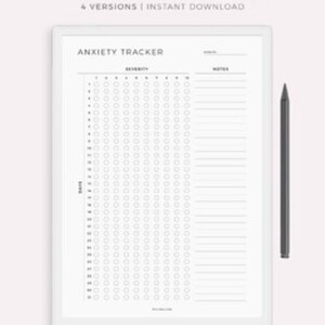 May include: A digital anxiety tracker on a white e-ink tablet with a stylus. The tracker features a grid for tracking severity and notes. Text on the image reads "ANXIETY TRACKER" and "4 VERSIONS | INSTANT DOWNLOAD".