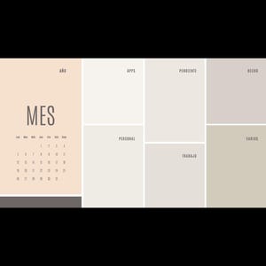 Könnte beinhalten: Ein digitaler Desktop-Organizer mit einem Kalender und beschrifteten Abschnitten für Apps, Persönliches, Ausstehendes, Arbeit, Erledigtes und Verschiedenes. Das Farbschema ist neutral mit Beige-, Creme- und Taupetönen. Das Wort "MES" wird über dem Kalender angezeigt.