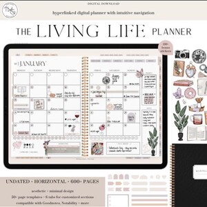 Könnte beinhalten: Digitaler Download des "The Living Life Planner" mit intuitiver Navigation. Der undatierte, horizontale Planer verfügt über ein minimalistisches Design, über 600 Seiten, über 50 Seitenvorlagen und 6 Registerkarten. Enthält 150 Bonus-Aufkleber.