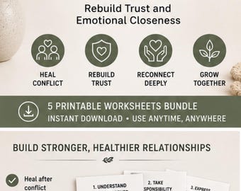 Può includere: Un pacchetto digitale intitolato Repair & Reconnection Bundle che include cinque schede di lavoro stampabili per risanare le relazioni. Il documento contiene sezioni per comprendere i conflitti, assumersi responsabilità, esprimere sentimenti, ascoltare e riconnettersi.