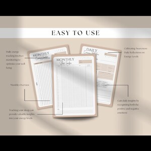 May include: Three beige sleep tracker journals with the text "EASY TO USE" at the top. The journals include "MONTHLY" and "DAILY" trackers. The image also includes text about tracking sleep and energy levels.