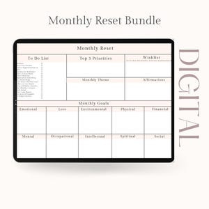 May include: Digital planner titled "Monthly Reset Bundle" with sections for to-do lists, priorities, goals, and affirmations. The planner is designed to help organize and track various aspects of life, including emotional, love, and financial goals.