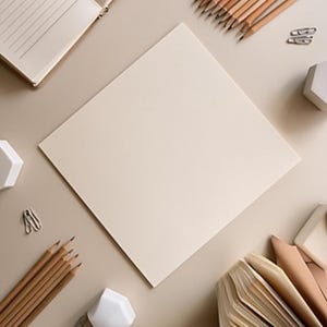 Könnte beinhalten: Eine Flatlay-Komposition mit Schreibwaren. Ein leerer, cremefarbener Papierquadrat steht im Mittelpunkt, umgeben von Bleistiften, Notizbüchern, Büroklammern und geometrischen Dekorationen auf einer neutralen Oberfläche. Die Szene weckt ein Gefühl von Ordnung und Kreativität.