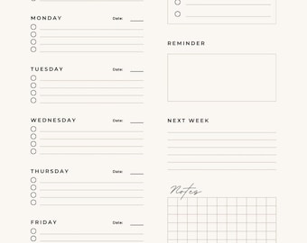 Könnte beinhalten: Ein minimalistischer Wochenplaner mit Abschnitten für jeden Wochentag, Prioritäten, Erinnerungen und Notizen. Der Planer hat ein schlichtes Design mit schwarzem Text auf cremefarbenem Hintergrund.