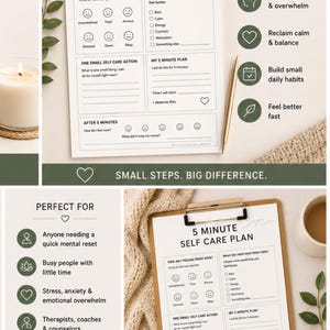 May include: A printable 5 minute self care plan document featuring sections for emotional check-ins, small action steps, and reflection. The white paper includes checkboxes, emoji mood indicators, and lines for writing, presented with a pen and candle.