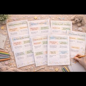 May include: A collection of printed worksheets with titles like "Helping Without Being Asked" and "My Part In The Family." The worksheets have pastel color accents and are surrounded by pencils, small decorative items, and a stuffed animal.