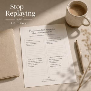 Könnte beinhalten: Ein Arbeitsblatt zur Selbsthilfe mit dem Titel „Warum ich nach sozialen Interaktionen alles überdenke“ mit Aufforderungen zur Reflexion. Eine Tasse Kaffee und ein Stift liegen auf dem Tisch. Die Worte „Stop Replaying“ stehen oben.
