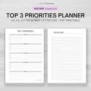 May include: A printable planner with a white background. The planner includes sections for top 3 priorities and a to-do list. Text on the image reads "TOP 3 PRIORITIES PLANNER" and "INSTANT DOWNLOAD".